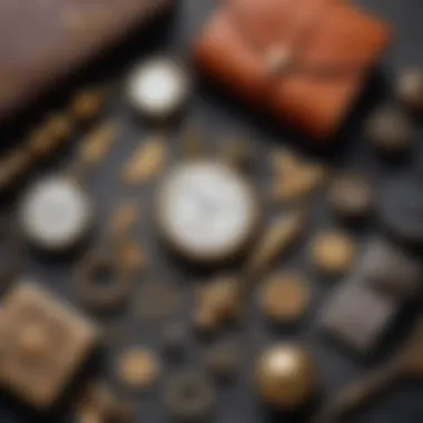 A close-up of vintage accessories laid out on a textured surface