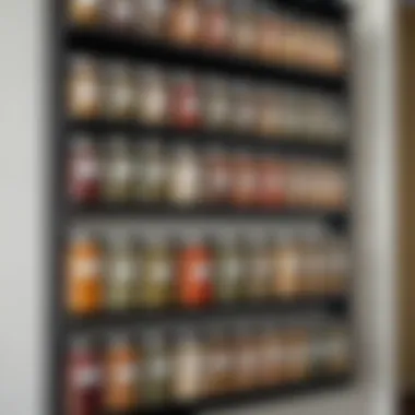 Close-up of a beautifully organized wall-mounted spice rack