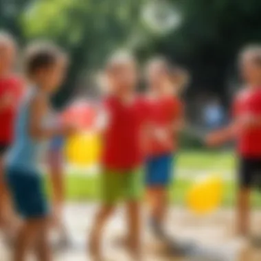 Children joyfully engaging in a water balloon fight during a sunny day.