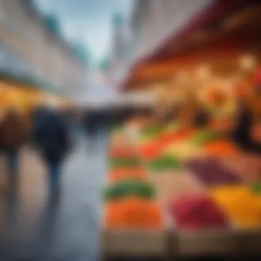 A vibrant market scene in Moscow with vendors selling чтофs.