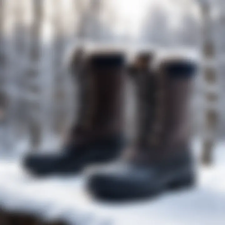 Stylish winter rubber boots on a snowy backdrop