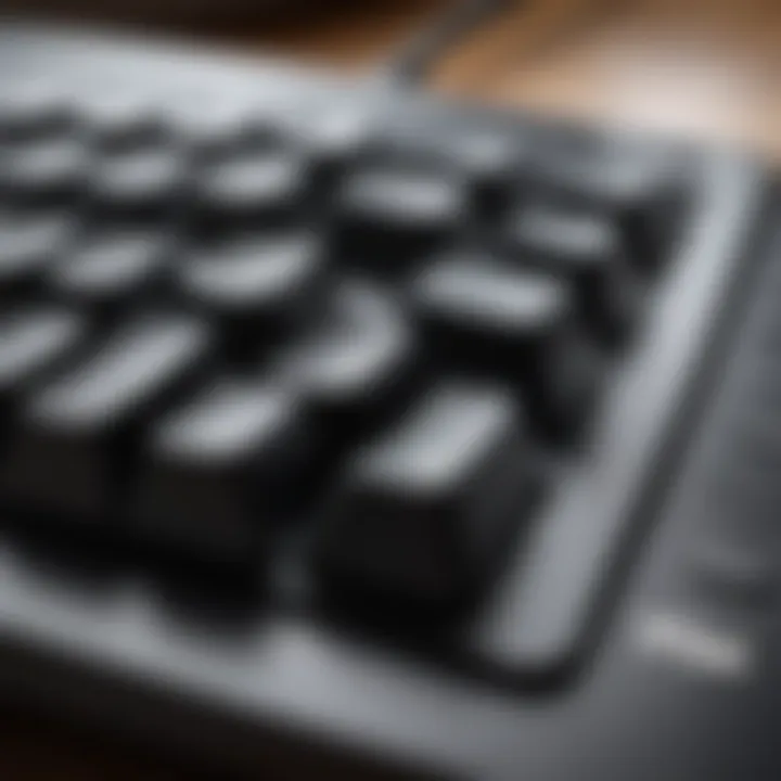 A close-up view of a high-quality wired keyboard showcasing its design.