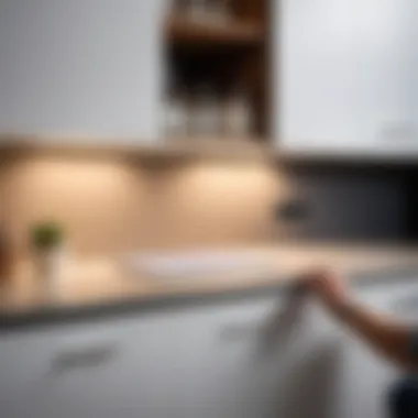 A person easily installing a wireless LED light beneath a cabinet