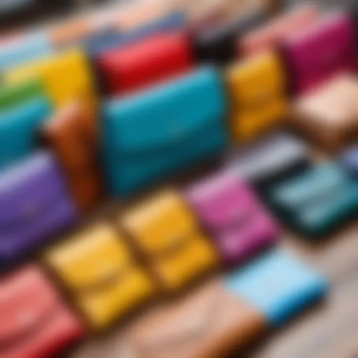 Colorful wallets on display during a sale event