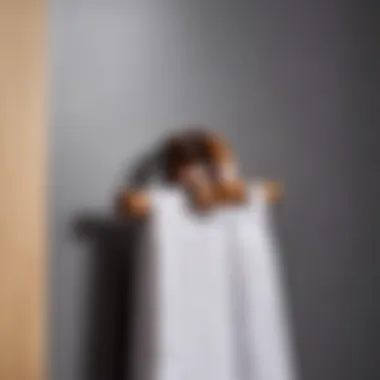 Close-up of a wooden towel clip holding a fabric towel